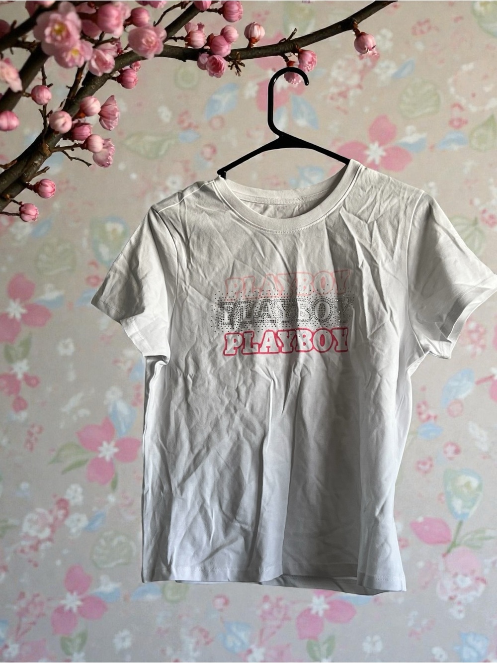 PLAYBOY White Tee with Pink Logo Outline